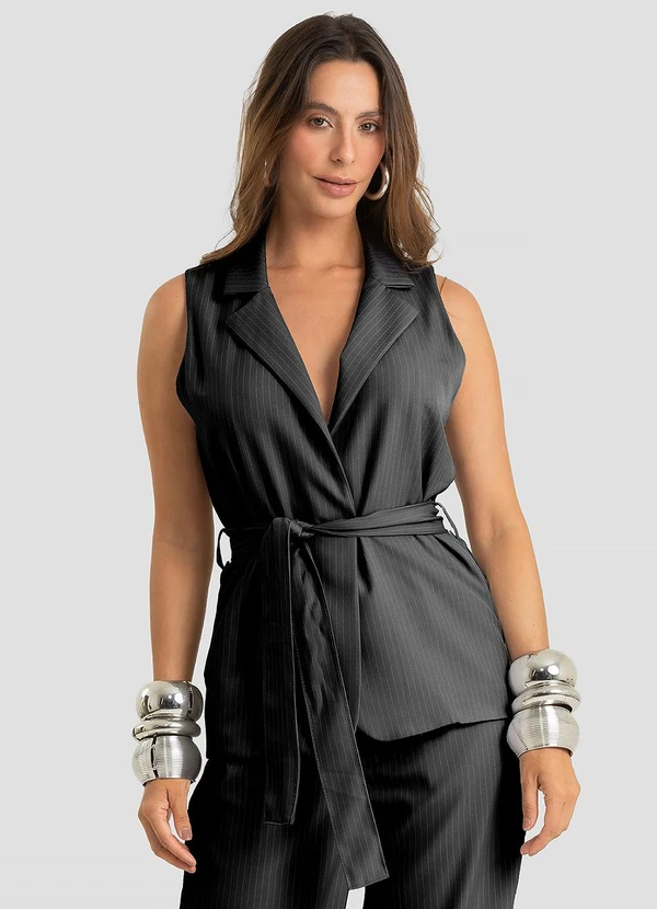 Dianna - Colete Feminino Alfaiataria Risca de Giz Preto