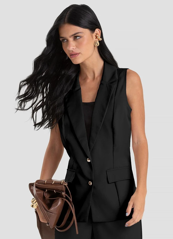 Dianna - Colete Feminino Alongado em Tecido Preto