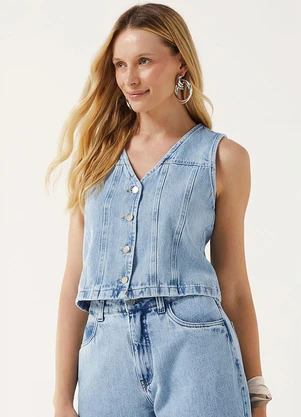 Marialícia - Colete Feminino Decote V Jeans Azul - MARIALÍCIA