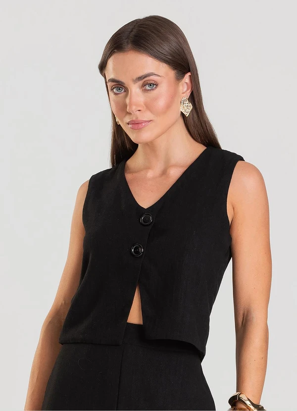 Dianna - Colete Feminino em Tecido Linho Preto
