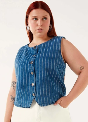 Marialícia - Colete Feminino Listrado Jeans Azul - MARIALÍCIA
