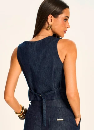 Doce Trama - Colete Jeans Acinturado com Botões Miragem Azul - DOCE TRAMA