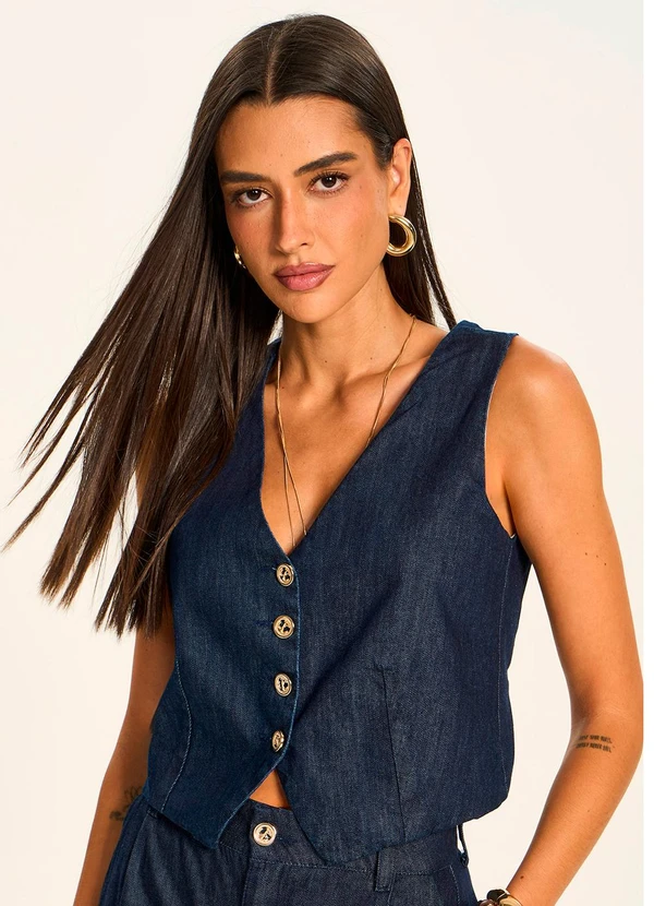 Doce Trama - Colete Jeans Acinturado com Botões Miragem Azul