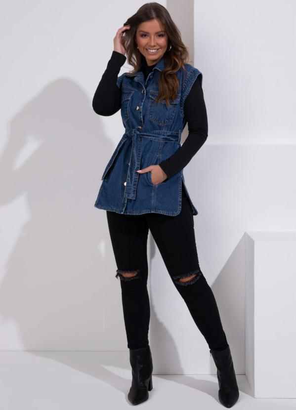 Quintess - Colete Jeans com Bolsos e Faixa 6
