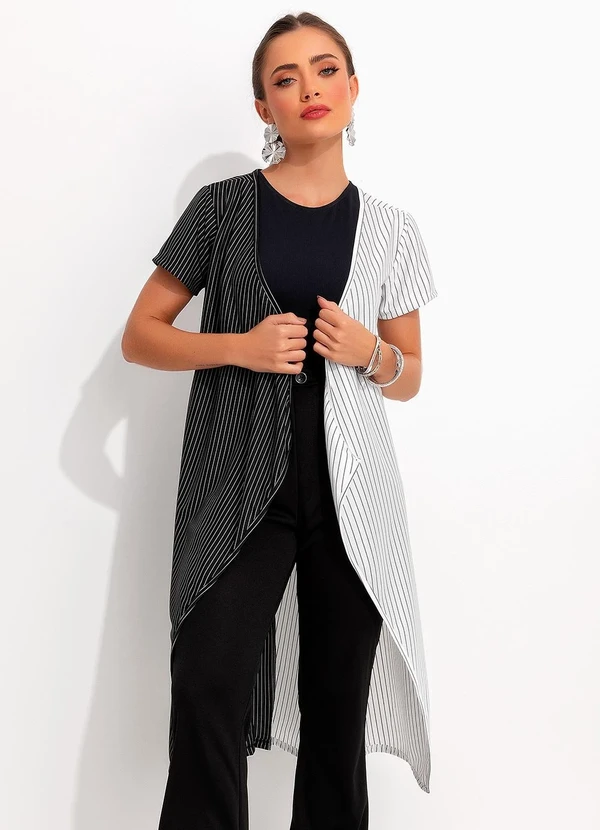 Moda Pop - Colete Listrado Preto e BrancoEm Malha Fio Tinto