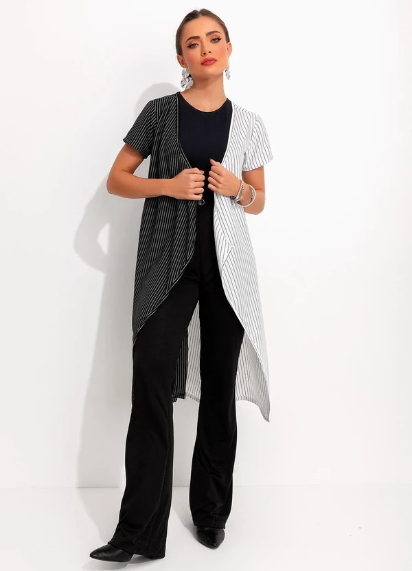 Moda Pop - Colete Listrado Preto e BrancoEm Malha Fio Tinto 2