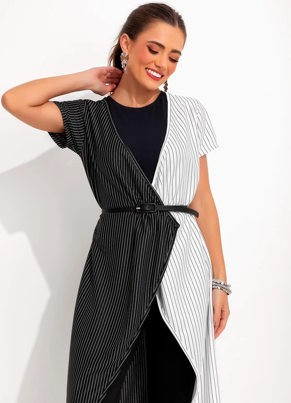 Moda Pop - Colete Listrado Preto e BrancoEm Malha Fio Tinto 3