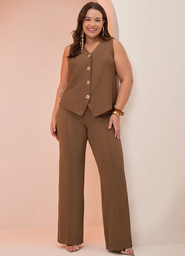 Lunender Mais Mulher - Colete Plus Size com Botões e Decote em V Marrom 3