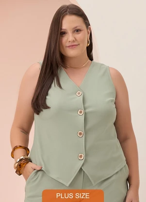 Lunender Mais Mulher - Colete Plus Size com Botões e Decote em V Verde - LUNENDER MAIS MULHER