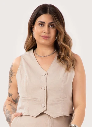 Lunender Mais Mulher - Colete Plus Size com Decote em V e Botões Bege - LUNENDER MAIS MULHER