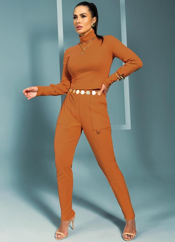 Gris - Conjunto Blusa + Calça em Canelado Laranja