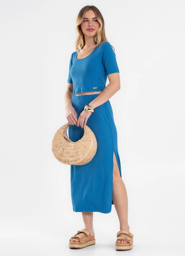 Rovitex - Conjunto Blusa com Saia Feminino Ribana Azul