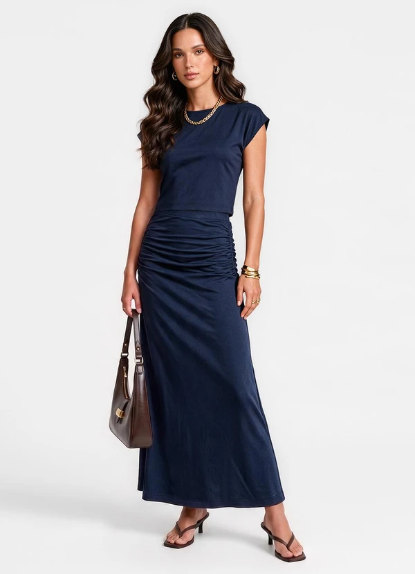 Dianna - Conjunto Blusa com Saia Longa com Abertura Azul