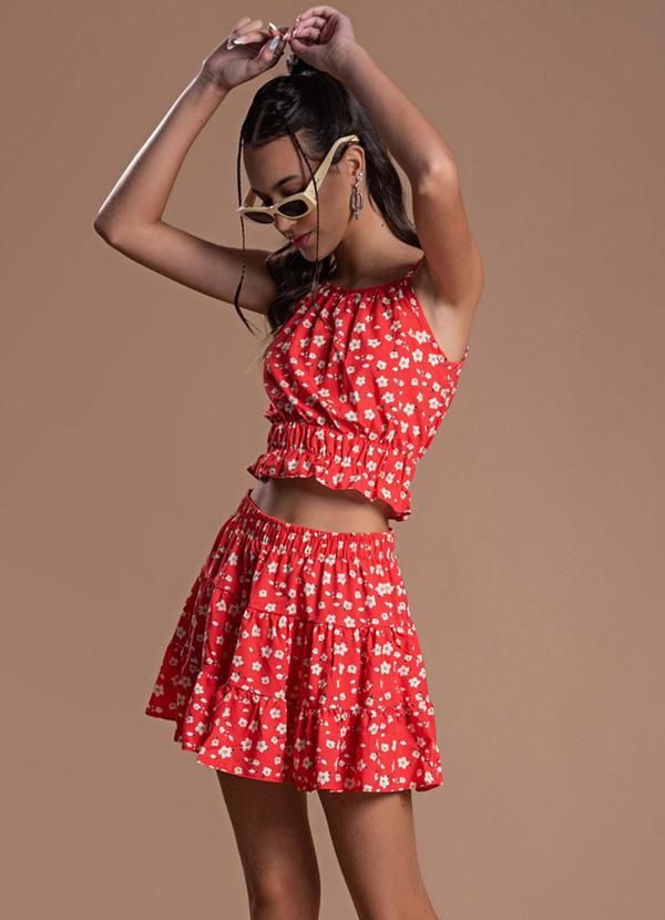Choyee - Conjunto Blusa Cropped e Saia Camadas Vermelho