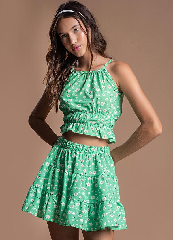 Choyee - Conjunto Blusa Cropped e Saia em Camadas Verde