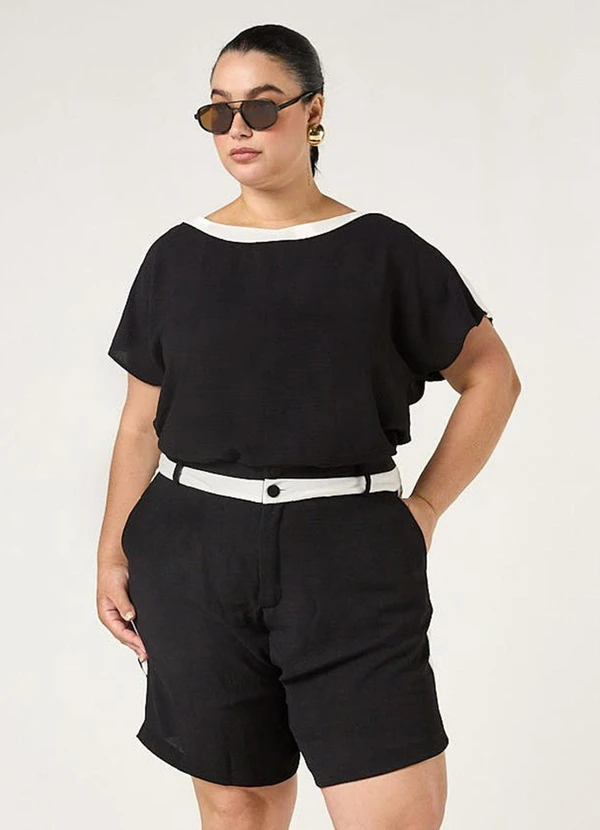 Elegance - Conjunto Blusa e Bermuda com Recorte Preto