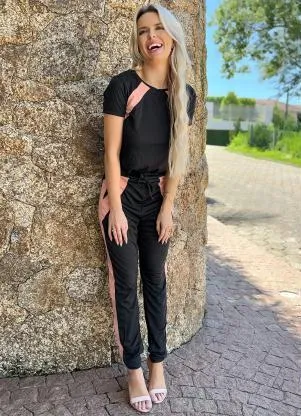 Moda Pop - Conjunto Blusa e Calça Preto e Rosa - MODA POP