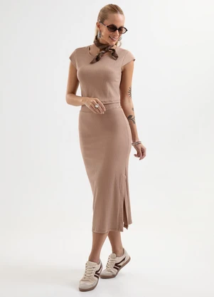 Cativa - Conjunto Blusa e Saia Midi Canelado Marrom - CATIVA