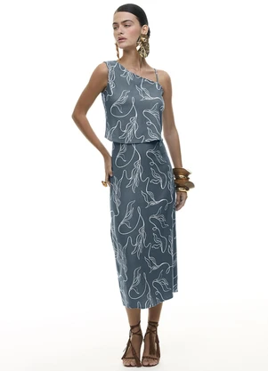 Gris - Conjunto Blusa e Saia Midi em Viscose Azul - GRIS