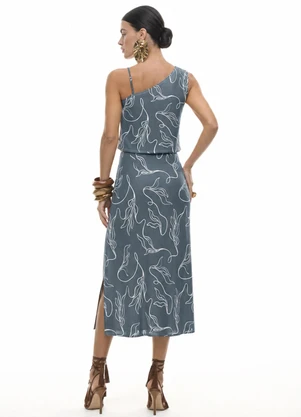 Gris - Conjunto Blusa e Saia Midi em Viscose Azul - GRIS