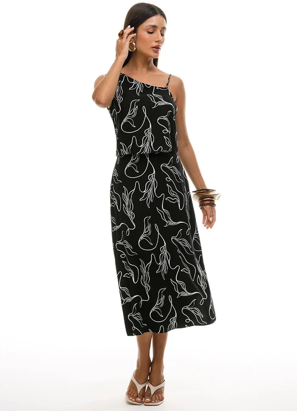 Gris - Conjunto Blusa e Saia Midi em Viscose Preto