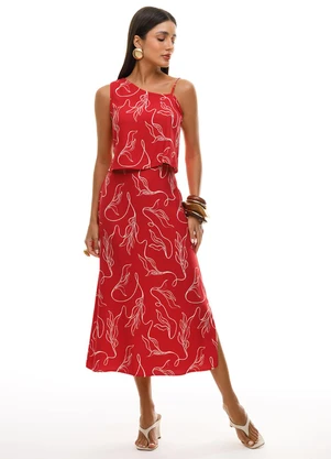 Gris - Conjunto Blusa e Saia Midi em Viscose Vermelho - GRIS
