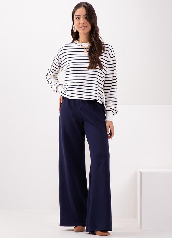 Lunender - Conjunto Blusa Listrada de Mangas e Calça Azul