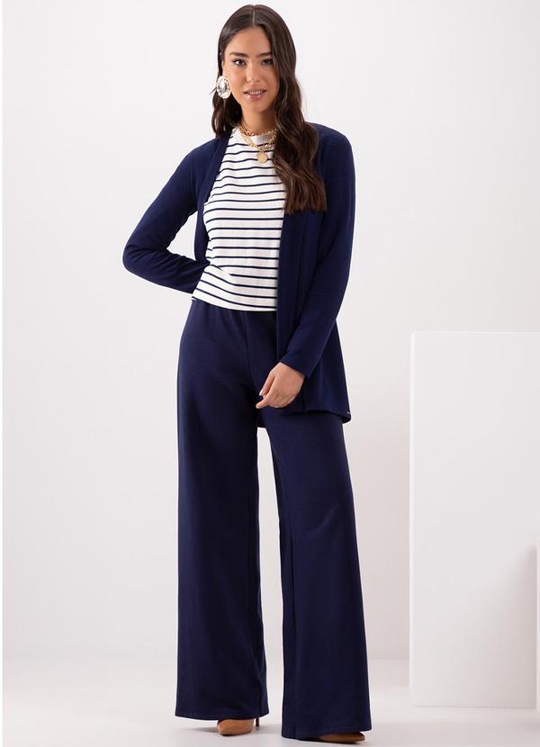 Lunender - Conjunto Blusa Listrada de Mangas e Calça Azul 2