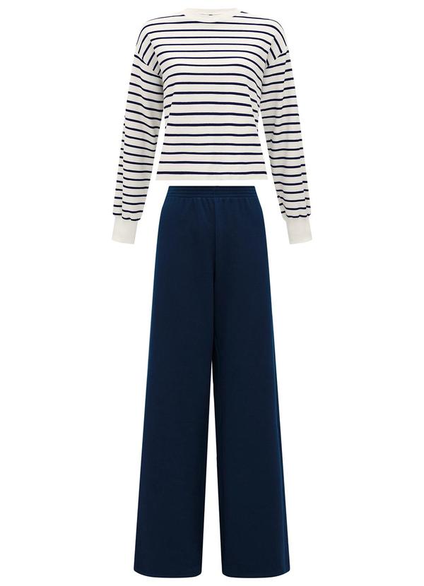 Lunender - Conjunto Blusa Listrada de Mangas e Calça Azul 3