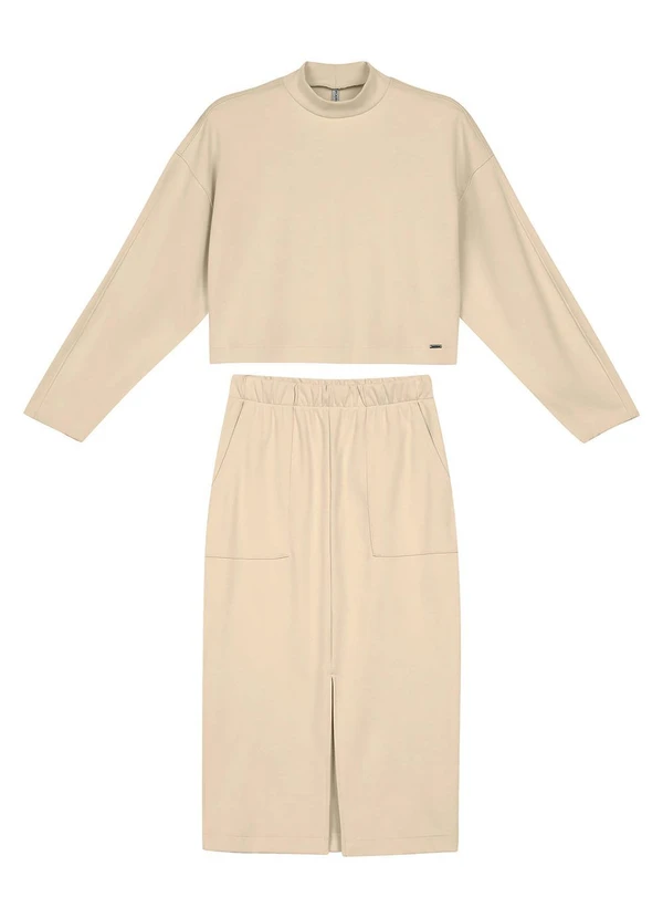 Marialícia - Conjunto Blusão e Saia Midi Moletom Bege 2