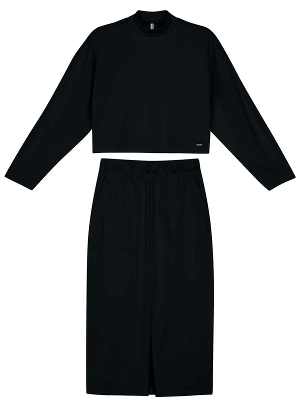 Marialícia - Conjunto Blusão e Saia Midi Moletom Preto