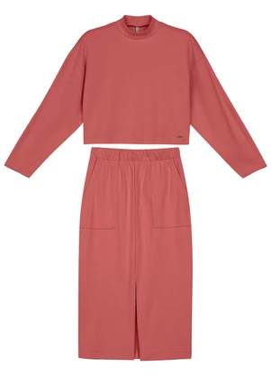 Marialícia - Conjunto Blusão e Saia Midi Moletom Rosa - MARIALÍCIA