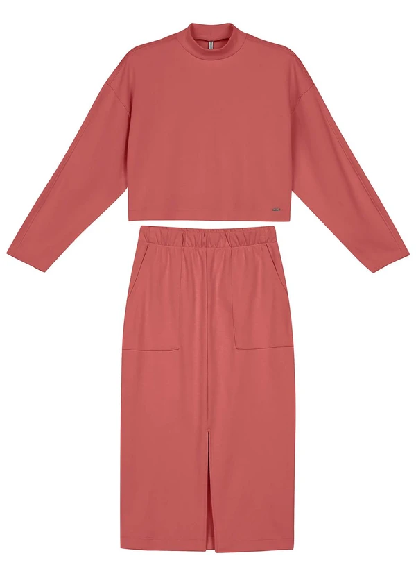 Marialícia - Conjunto Blusão e Saia Midi Moletom Rosa