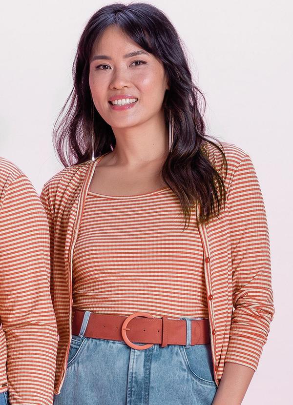 Marialícia - Conjunto Cardigan com Regata Listrado Vermelho