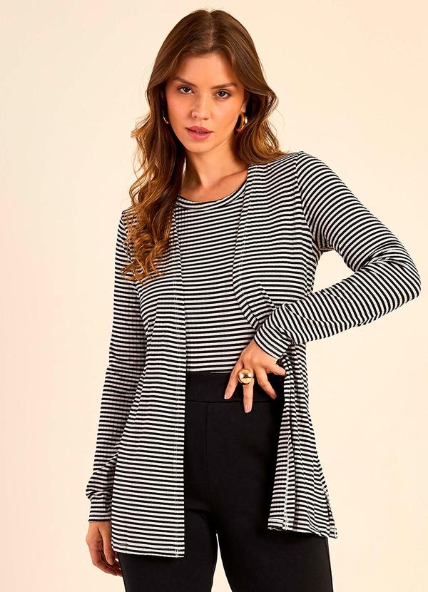 Marialícia - Conjunto Cardigan e Regata Listrado Preto