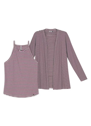 Marialícia - Conjunto Cardigan e Regata Listrado Roxo - MARIALÍCIA