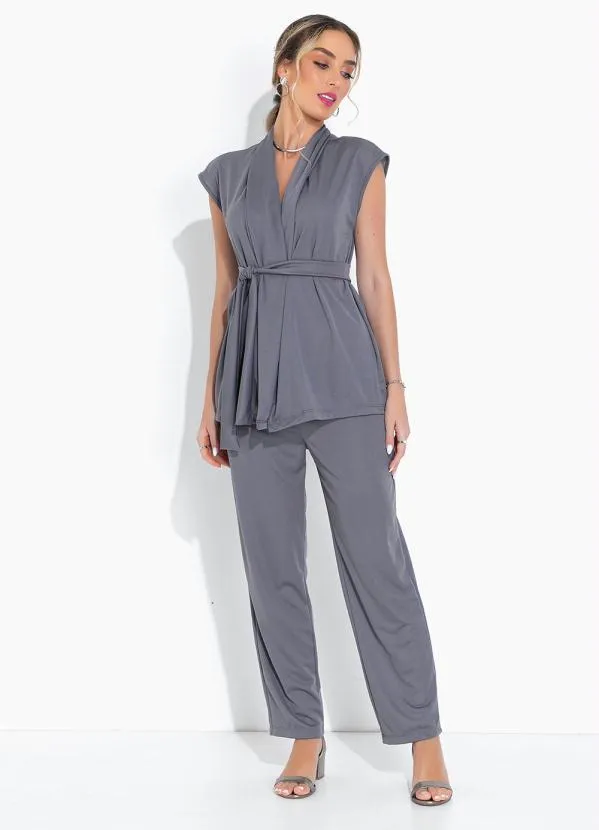 Moda Pop - Conjunto Cinza Cardigan e Calça