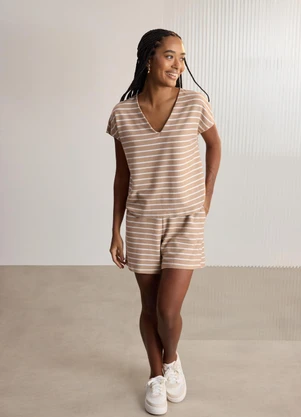 Lunender - Conjunto com Blusa de Manga e Shorts Bege - LUNENDER