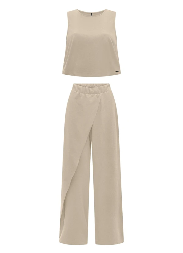 Lunender - Conjunto com Blusa sem Mangas e Calça Bege
