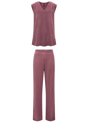 Lunender - Conjunto com Calça e Blusa Alongada Tricô Bordo - LUNENDER