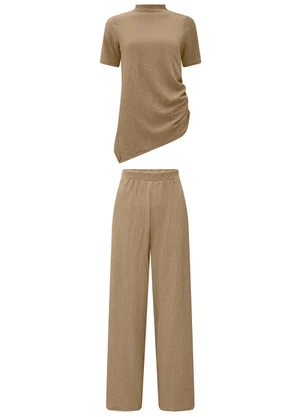 Lunender - Conjunto com Calça e Blusa Assimétrica Bege - LUNENDER