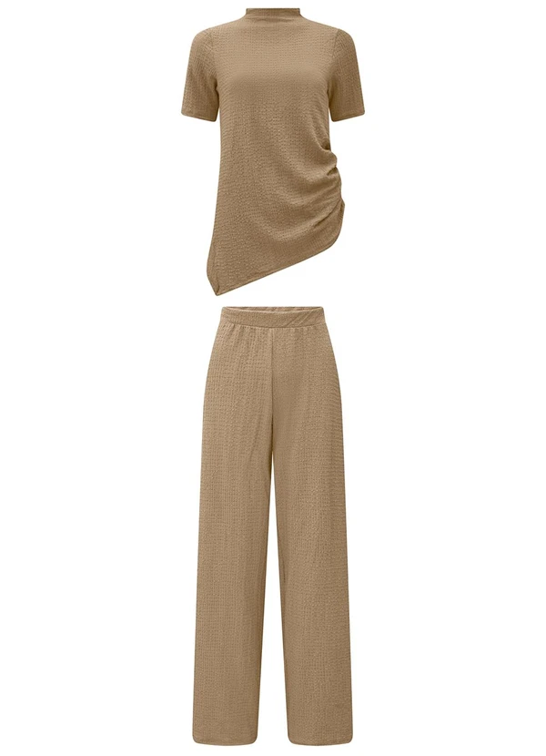 Lunender - Conjunto com Calça e Blusa Assimétrica Bege