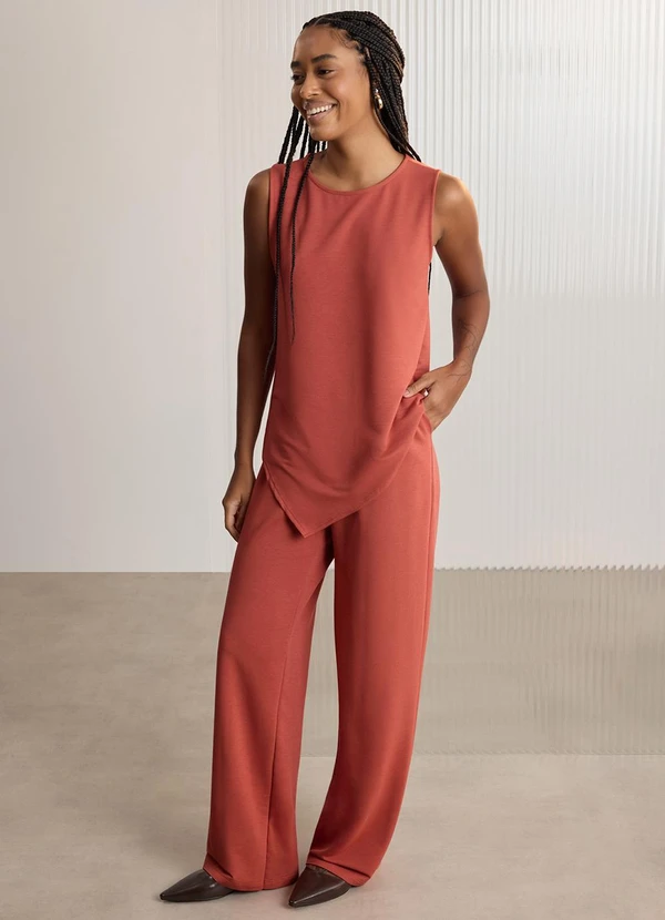 Lunender - Conjunto com Calça e Blusa Assimétrica Laranja