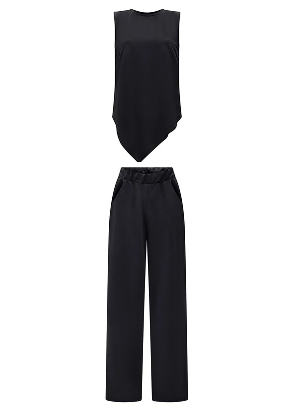 Lunender - Conjunto com Calça e Blusa Assimétrica Preto
