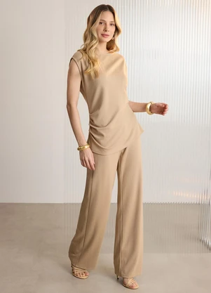 Lunender - Conjunto com Calça e Blusa Risca de Giz Bege - LUNENDER