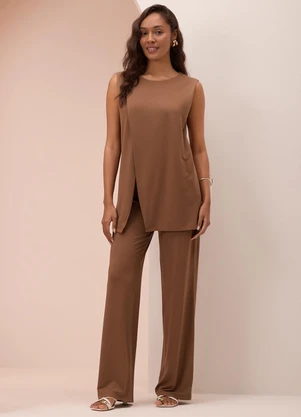 Lunender - Conjunto com Calça e Blusa Transpassada Marrom - LUNENDER