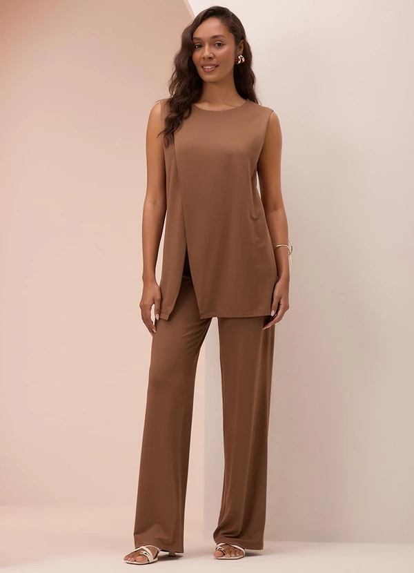 Lunender - Conjunto com Calça e Blusa Transpassada Marrom