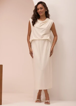 Lunender - Conjunto com Saia Chá e Blusa com Linho Branco - LUNENDER