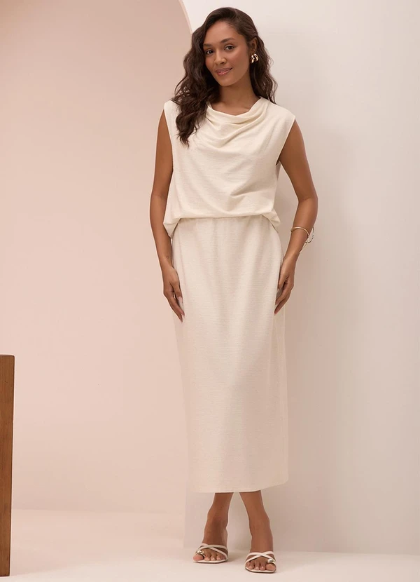 Lunender - Conjunto com Saia Chá e Blusa com Linho Branco