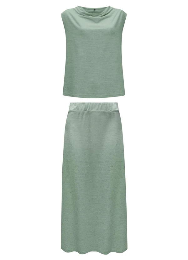 Lunender - Conjunto com Saia Chá e Blusa com Linho Verde